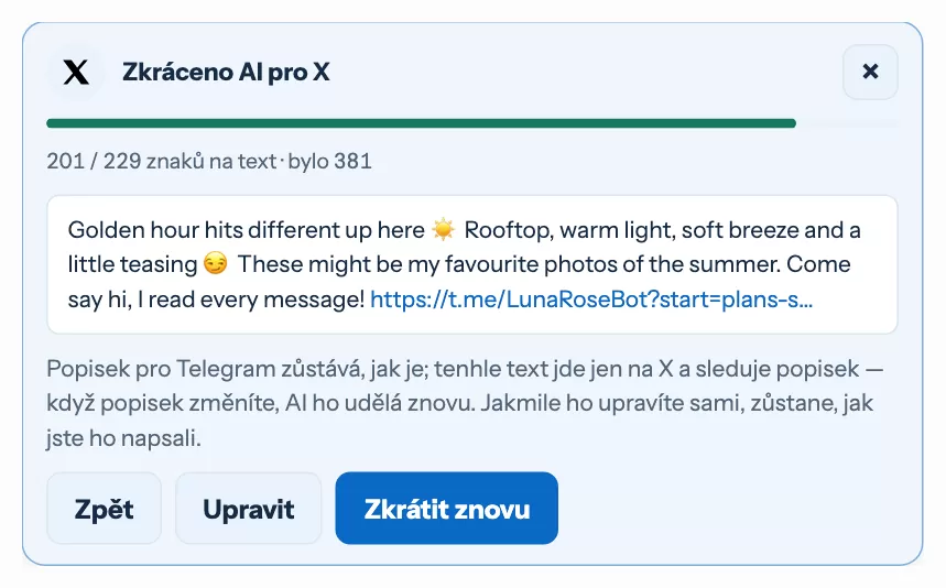 Karta s textem zkráceným pomocí AI pro X, s jeho délkou a tlačítky