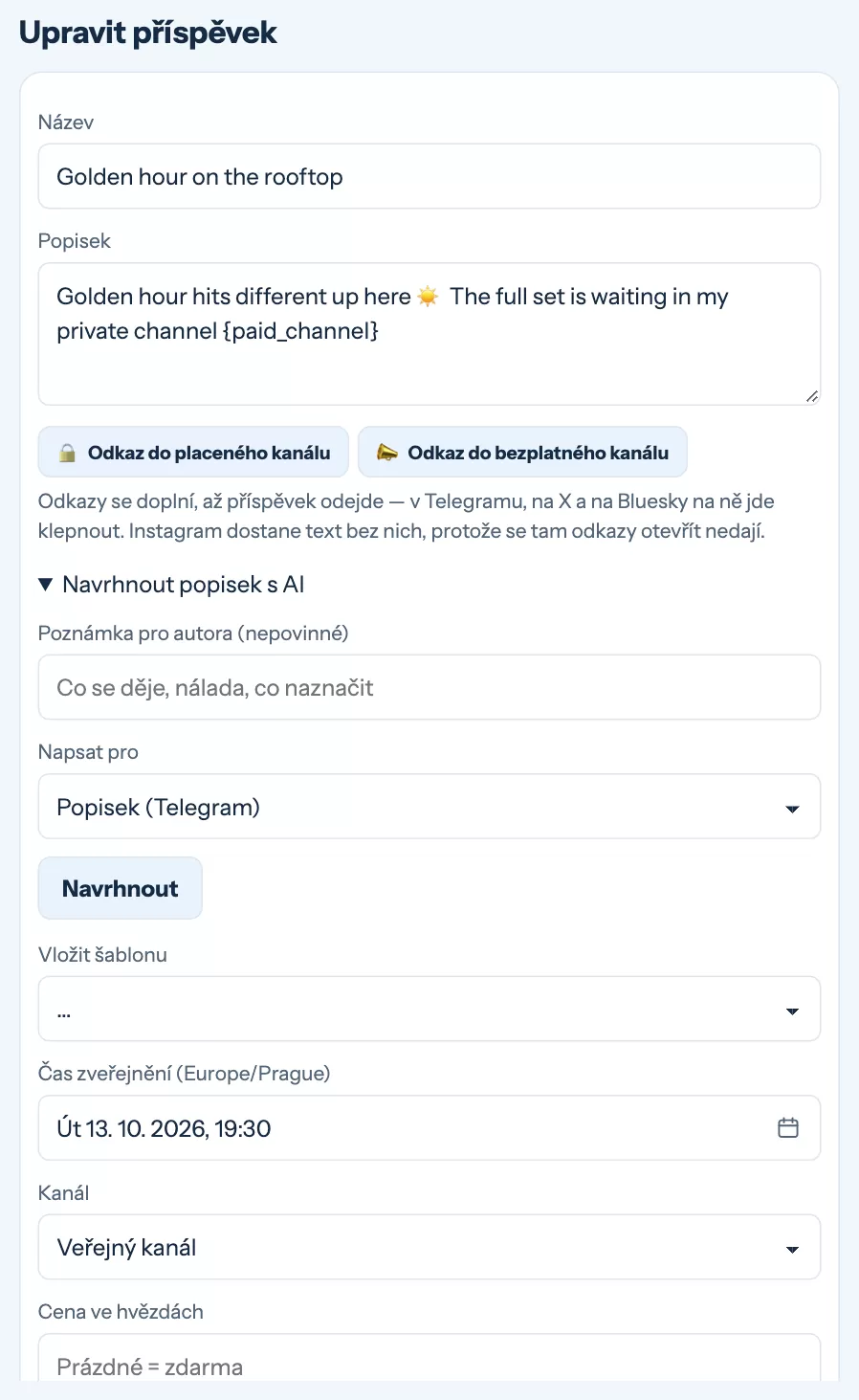 Editor příspěvku s názvem, popiskem, návrhy od AI, časem a kanálem