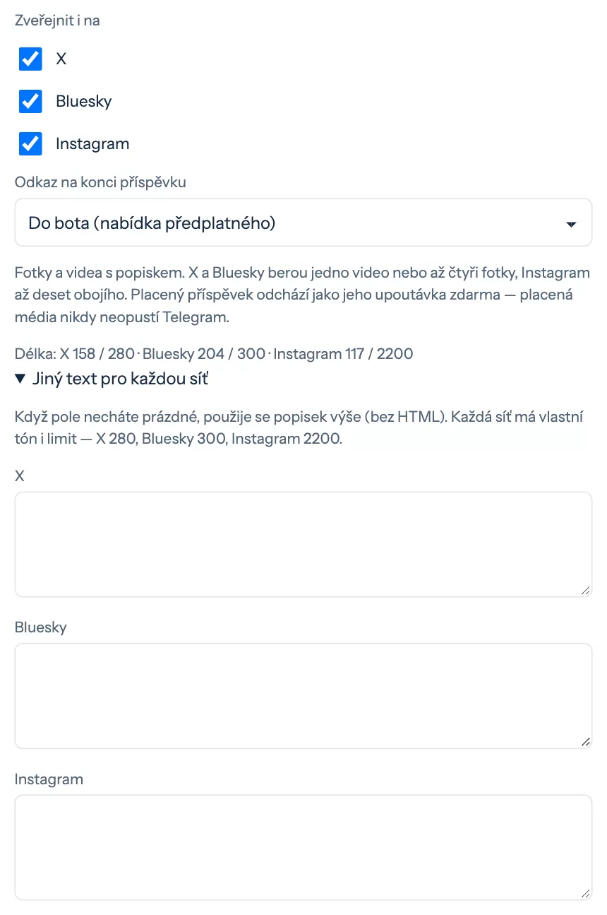 Zaškrtávací políčka sítí, výběr odkazu a řádek s délkou textu v editoru příspěvku