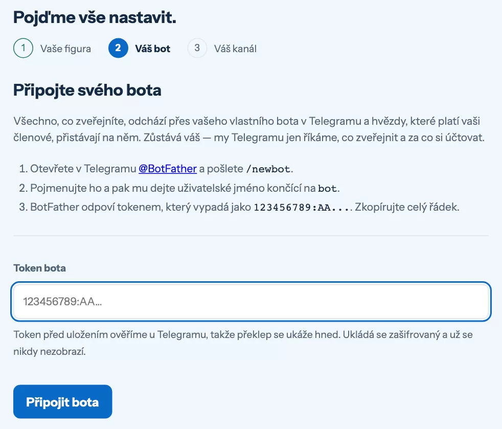 Druhý krok průvodce nastavením s polem pro token bota