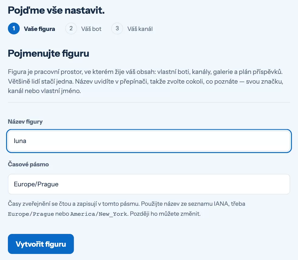 První krok průvodce nastavením: název figury a časové pásmo