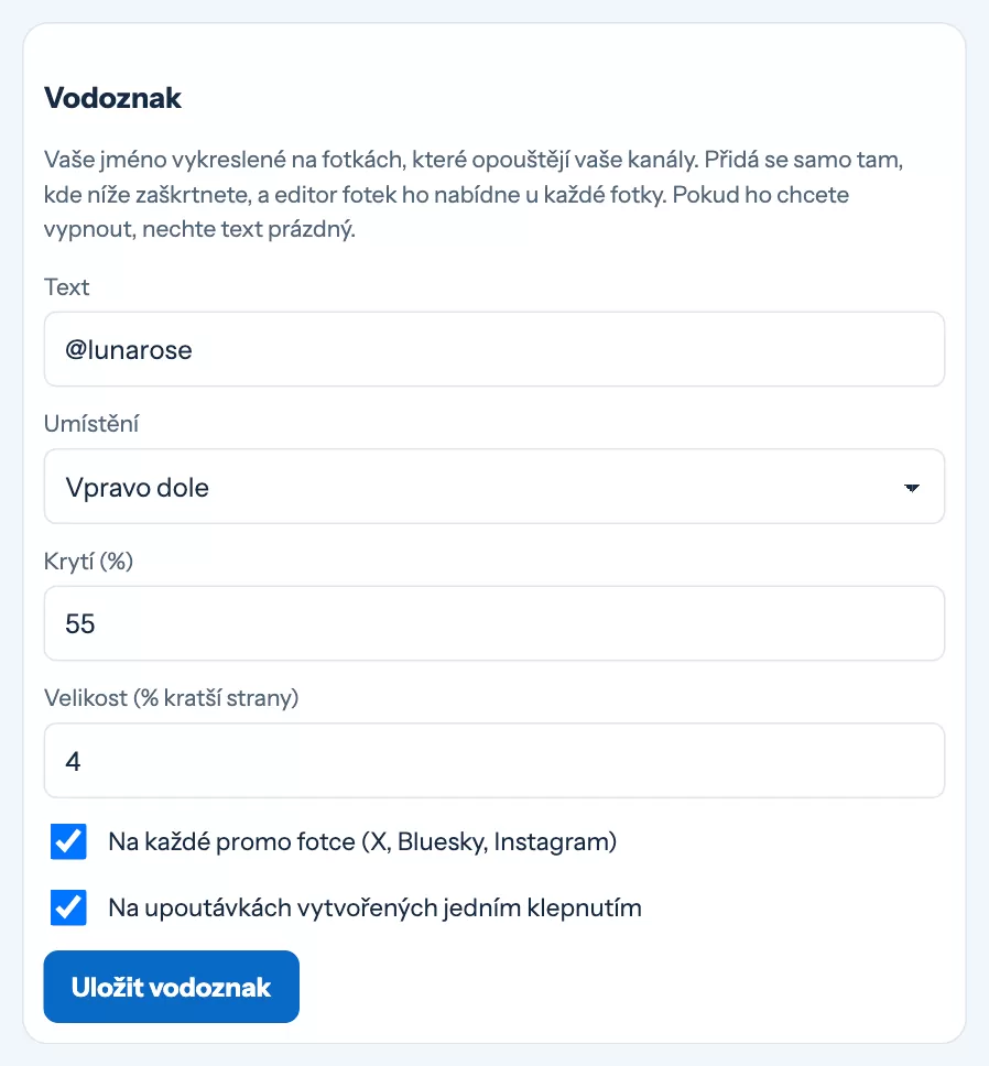 Nastavení vodoznaku: text, umístění, krytí a velikost