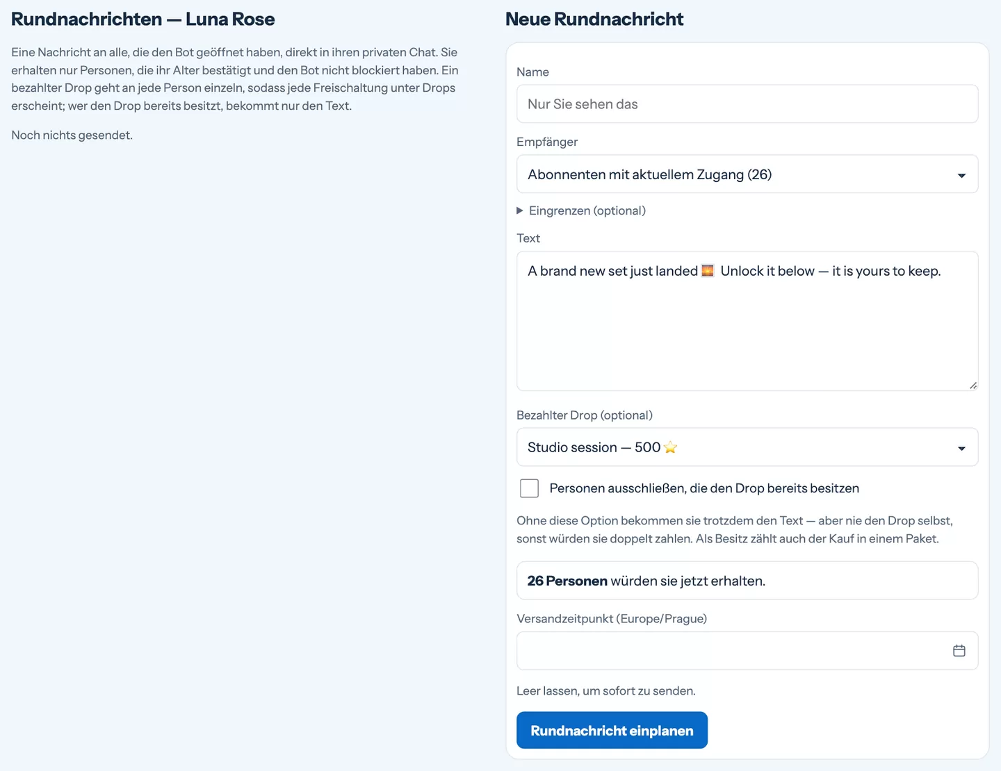 Eine neue Rundnachricht mit Empfängern, Eingrenzungsoptionen, Text und einem bezahlten Drop