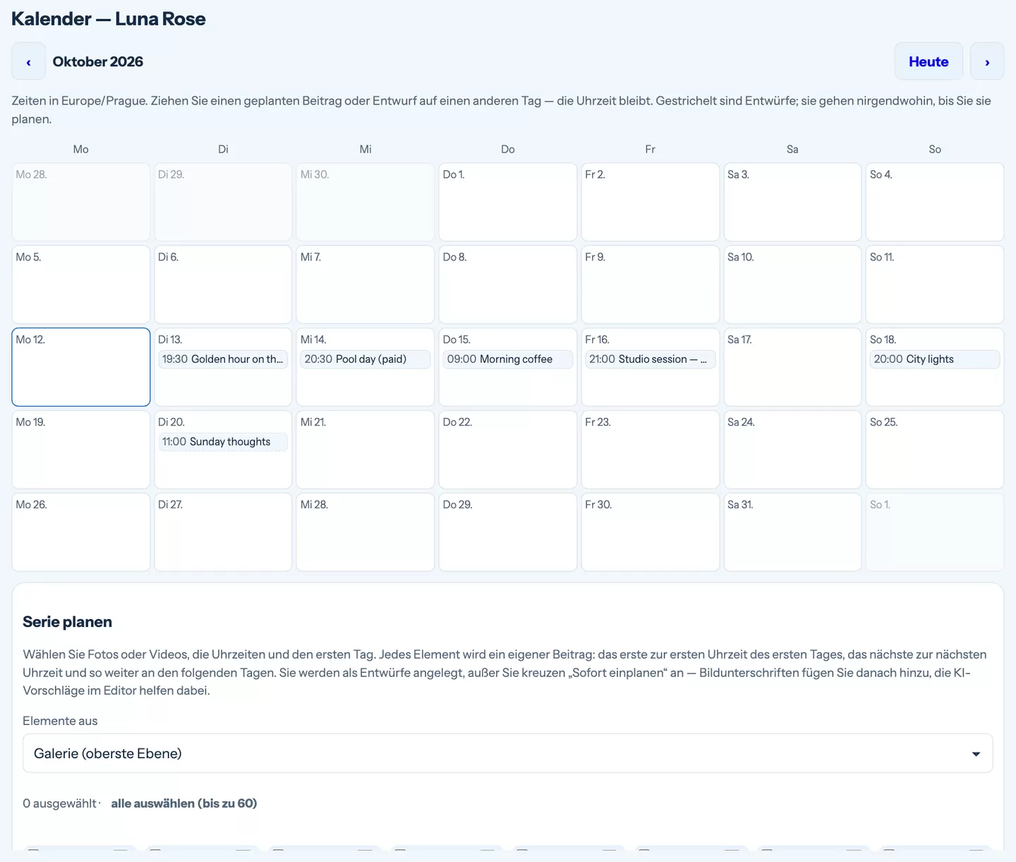 Der Kalender mit über den Monat verteilten Beiträgen