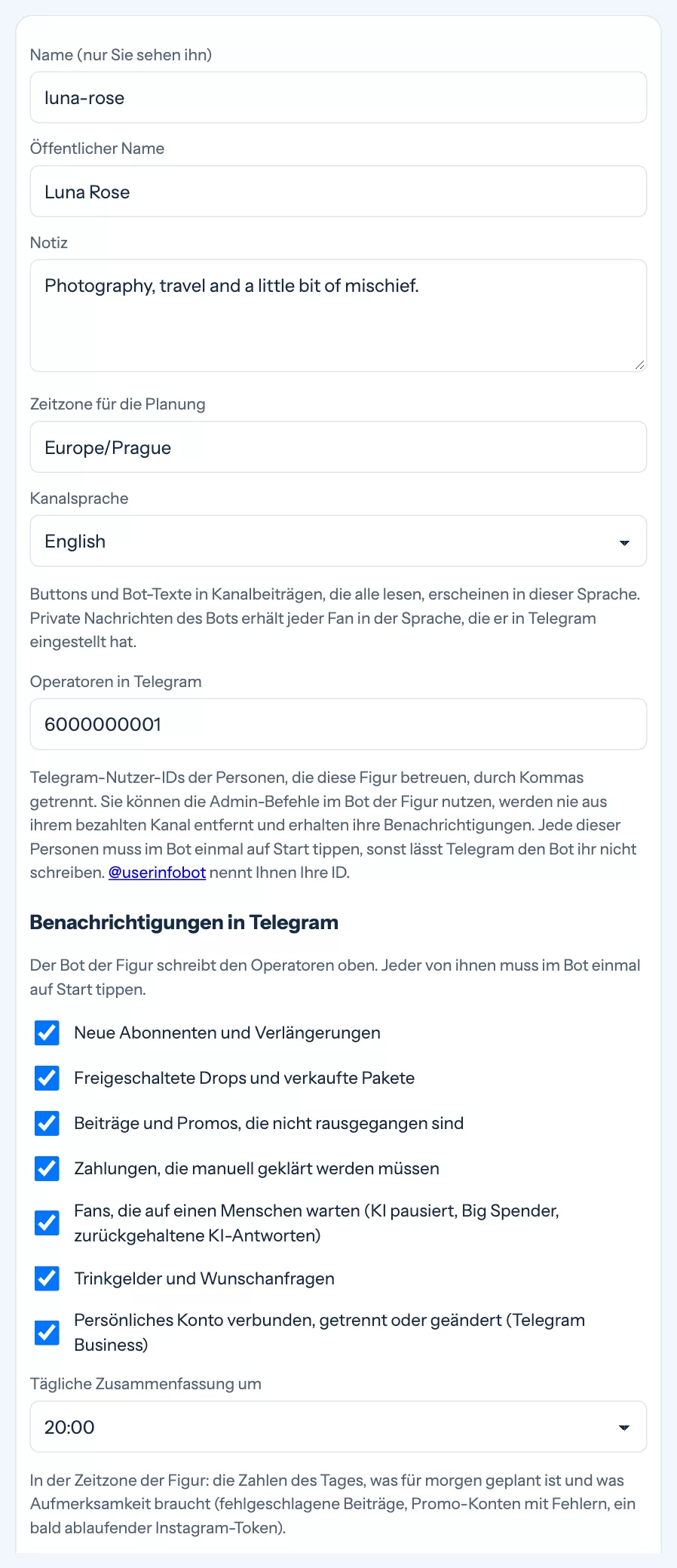 Einstellungen der Figur mit Operatoren, Benachrichtigungen und täglicher Zusammenfassung
