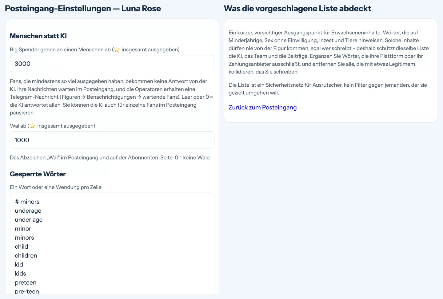 Posteingang-Einstellungen: Big Spender an einen Menschen, Wal-Schwelle und gesperrte Wörter