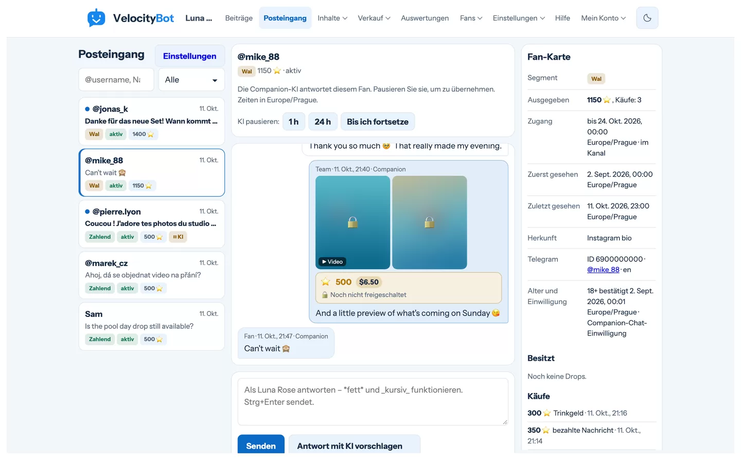 Der Posteingang: Unterhaltungen links, der Chat in der Mitte, die Fan-Karte rechts