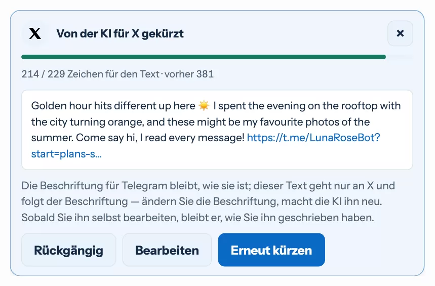 Eine Karte mit dem von der KI für X gekürzten Text, seiner Länge und Buttons