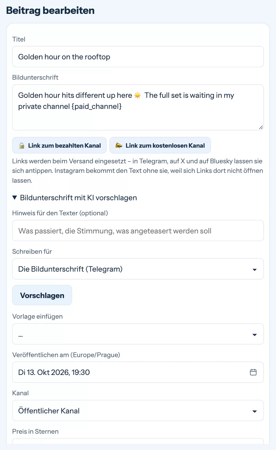 Der Beitragseditor mit Titel, Bildunterschrift, KI-Vorschlägen, Uhrzeit und Kanal