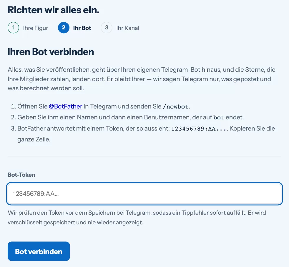 Der zweite Schritt des Einrichtungsassistenten mit dem Feld für den Bot-Token