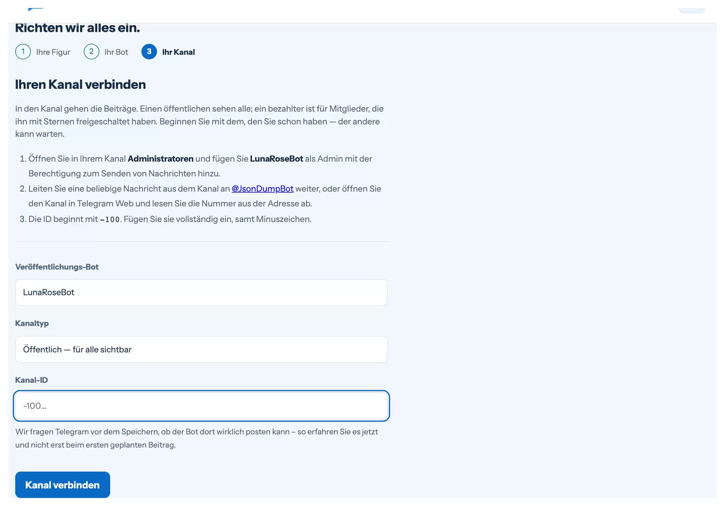 Der dritte Schritt des Einrichtungsassistenten: Auswahl von Bot, Kanaltyp und Kanal-ID