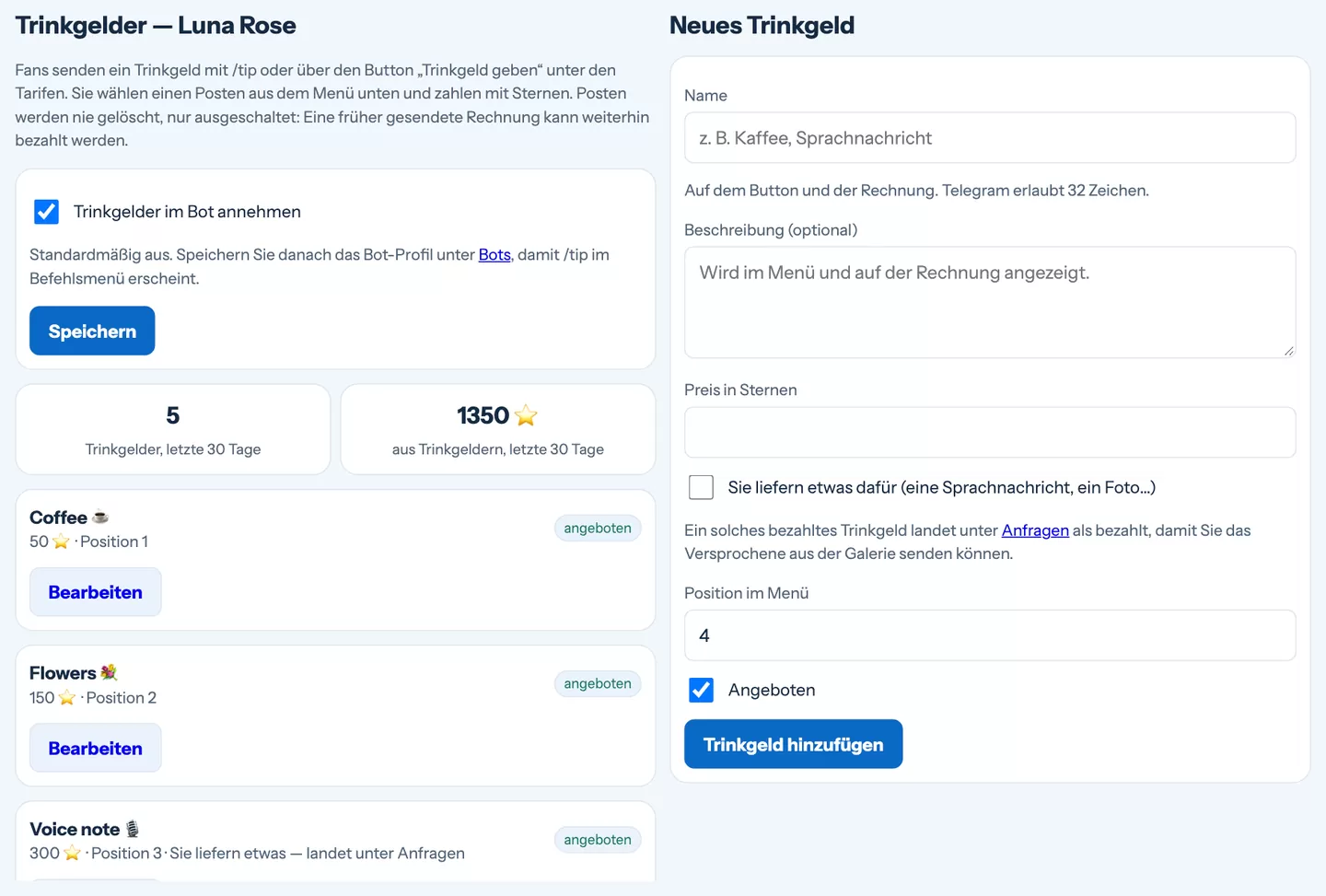 Das Trinkgeld-Menü mit Posten, Preisen und den neuesten Trinkgeldern