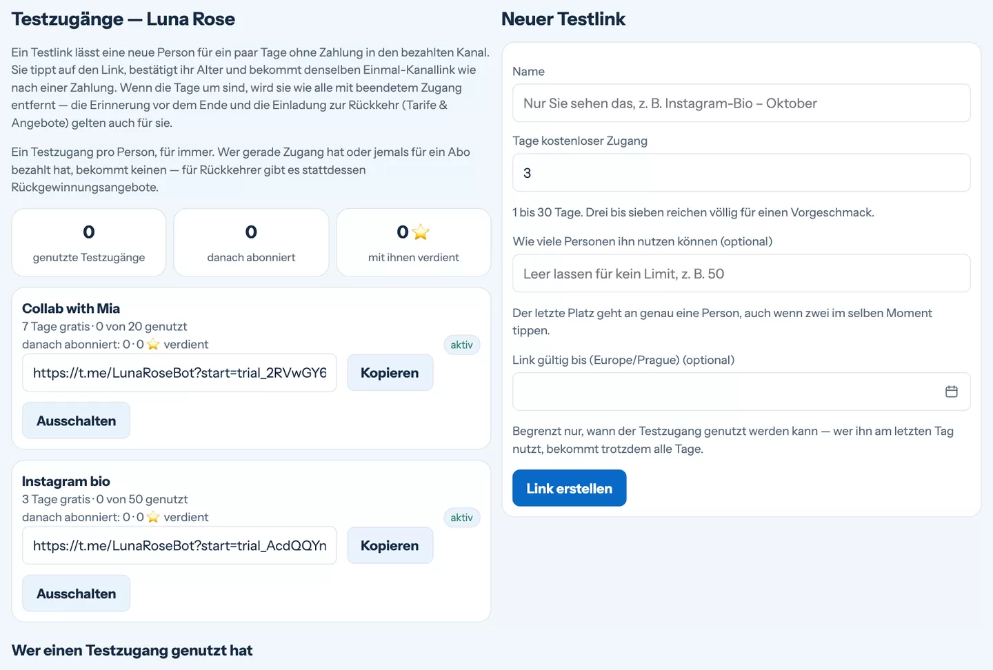Testlinks mit Tagen, Limits und der Zahl der Personen, die danach bezahlt haben