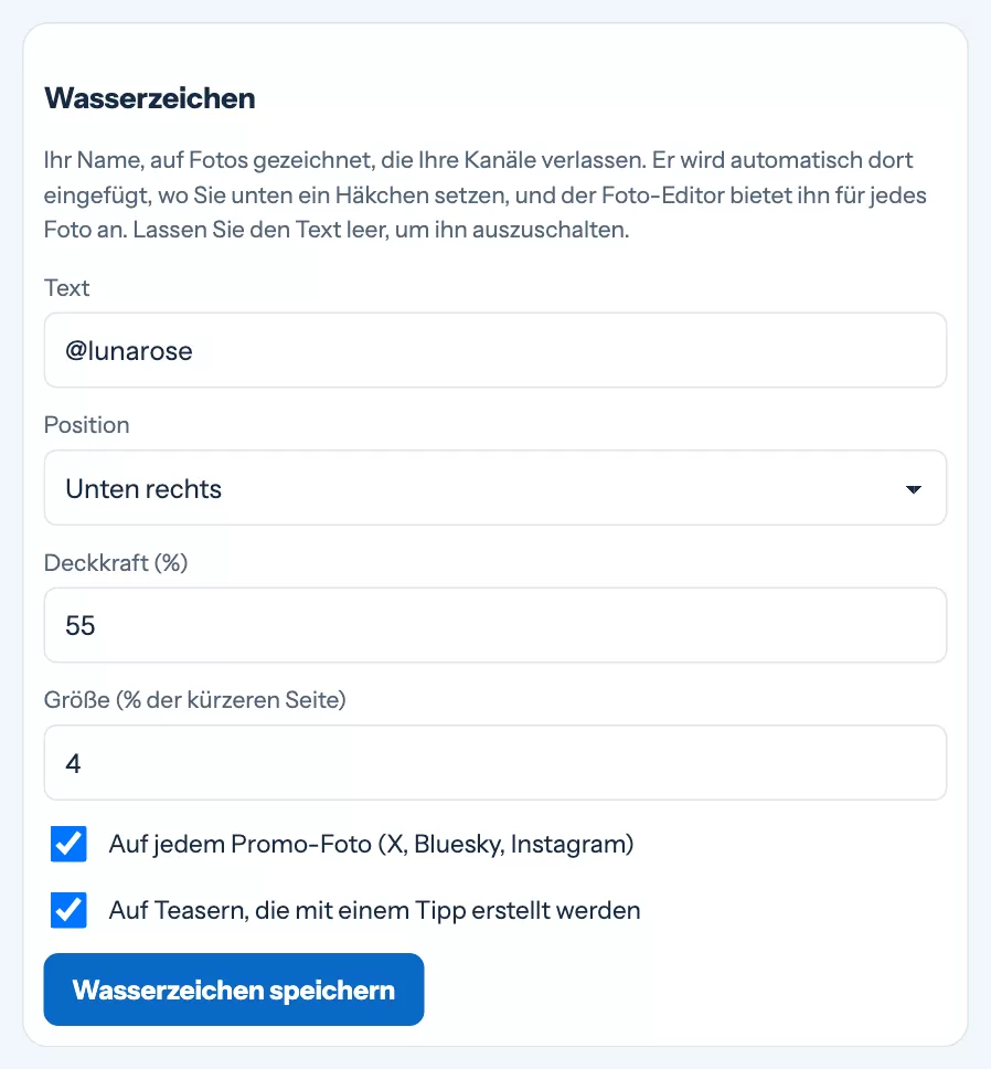 Die Wasserzeichen-Einstellungen: Text, Position, Deckkraft und Größe