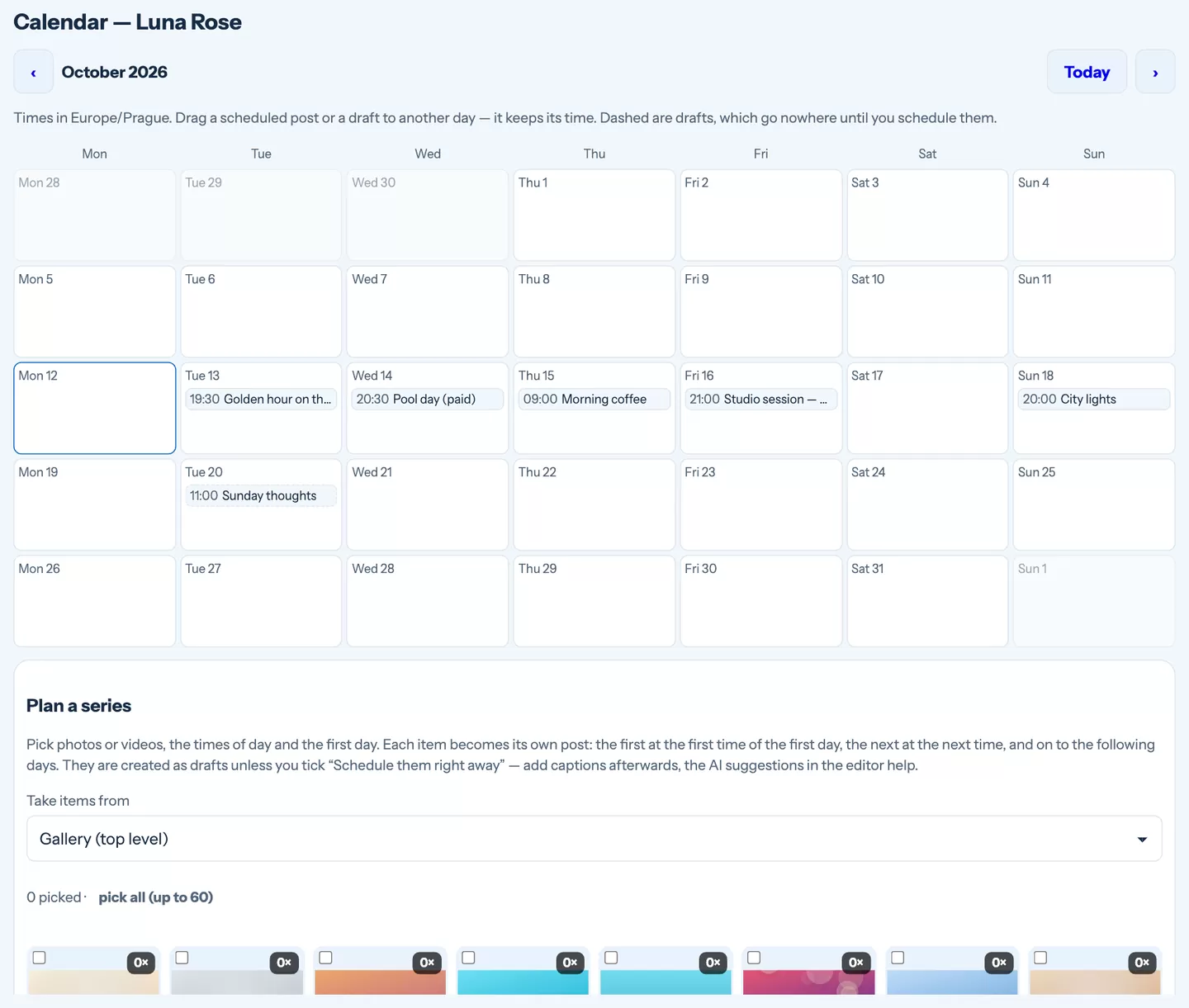 The calendar with posts spread across the month