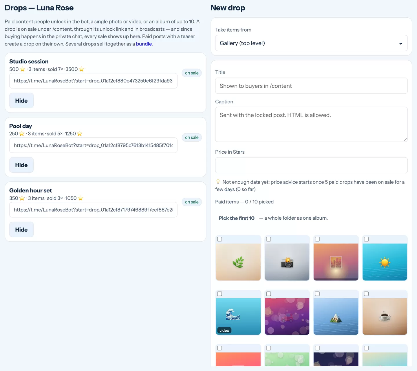 The paid drops page with a new drop form and the list of drops