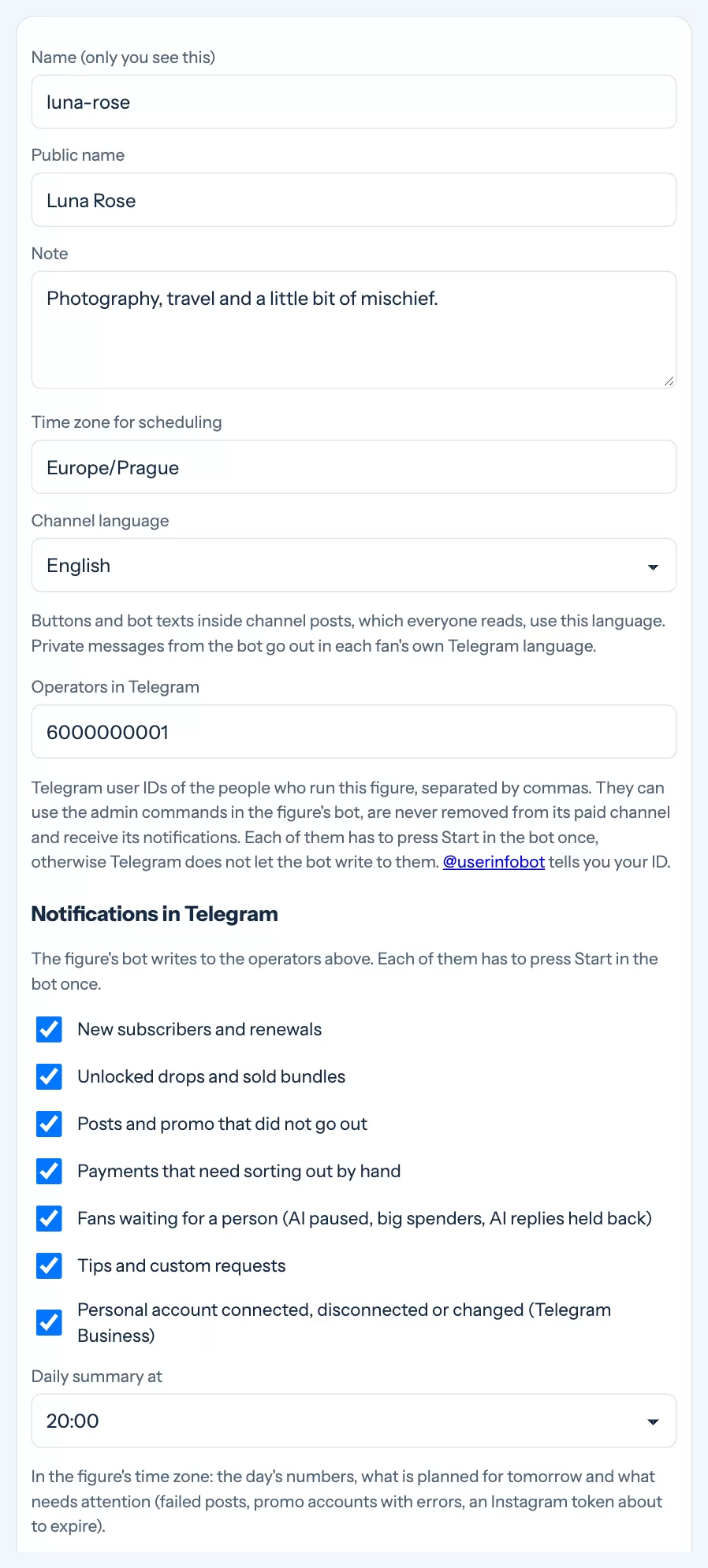 Figure settings with operators, notifications and daily summary