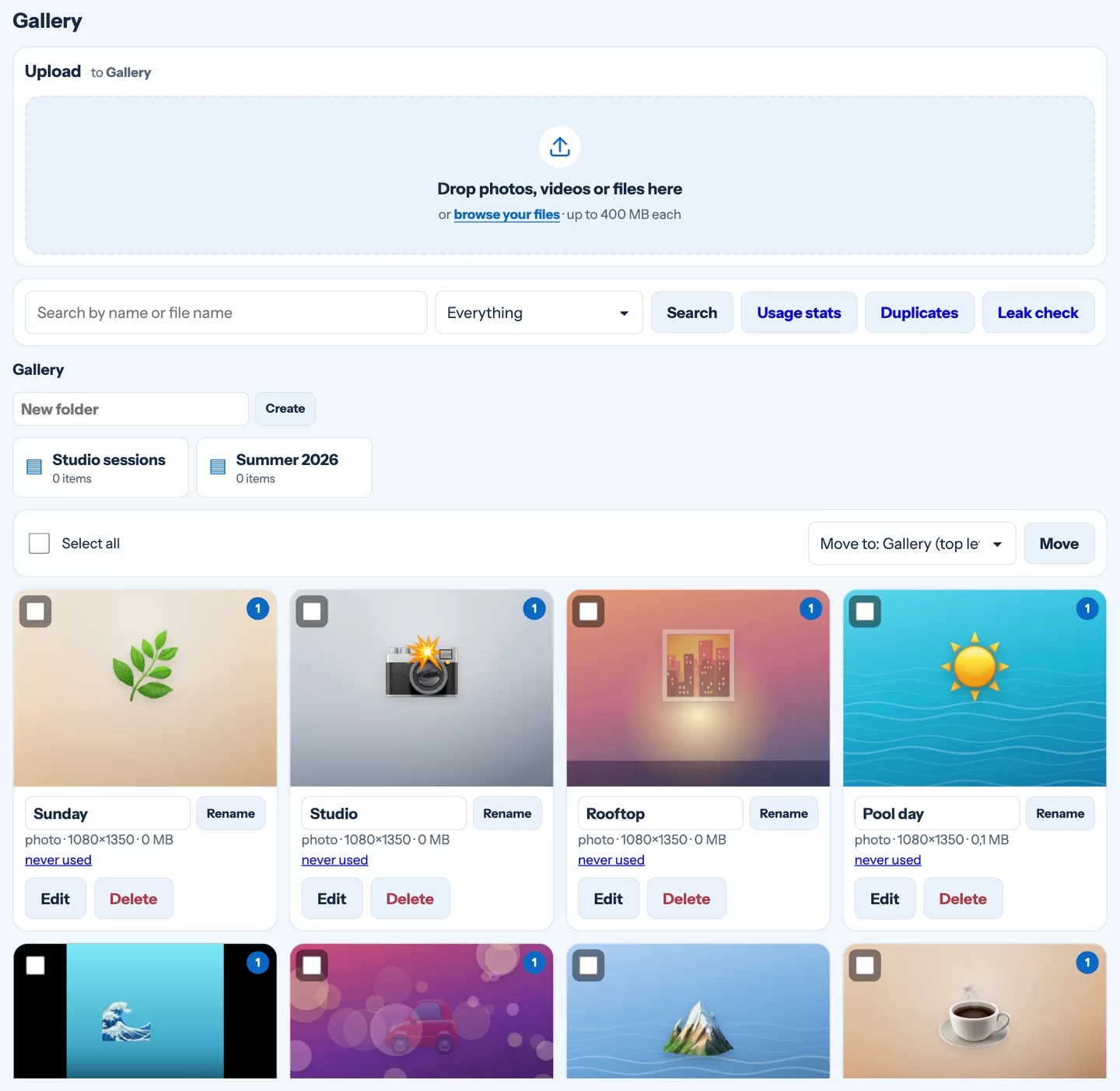 The gallery with folders, upload area and photo tiles