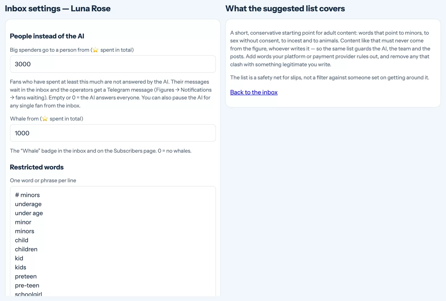 Inbox settings: big spenders to a person, whale threshold and restricted words