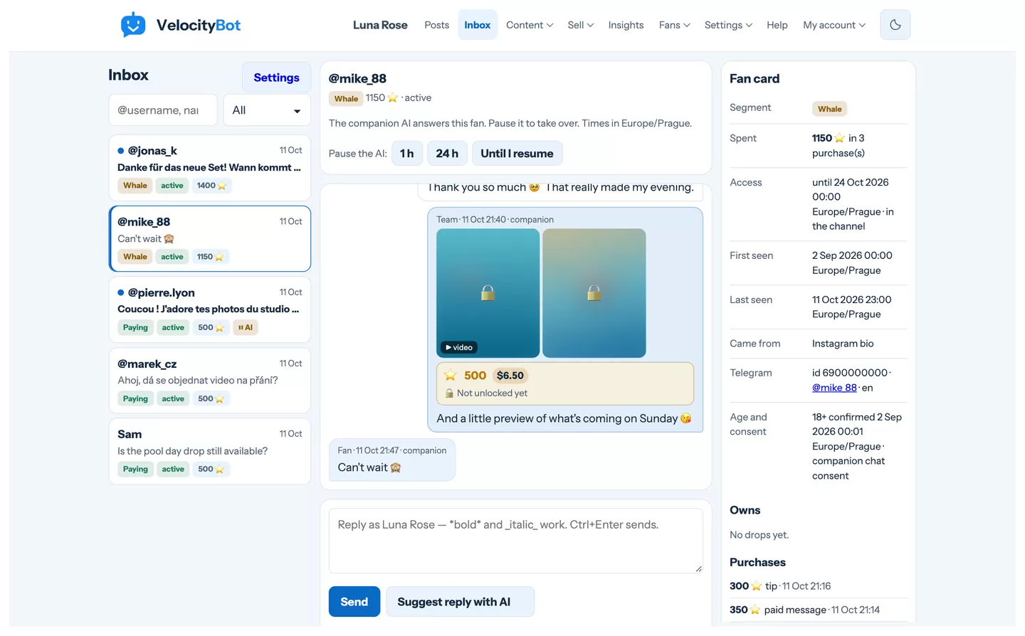 The inbox: conversations on the left, the chat in the middle, the fan card on the right