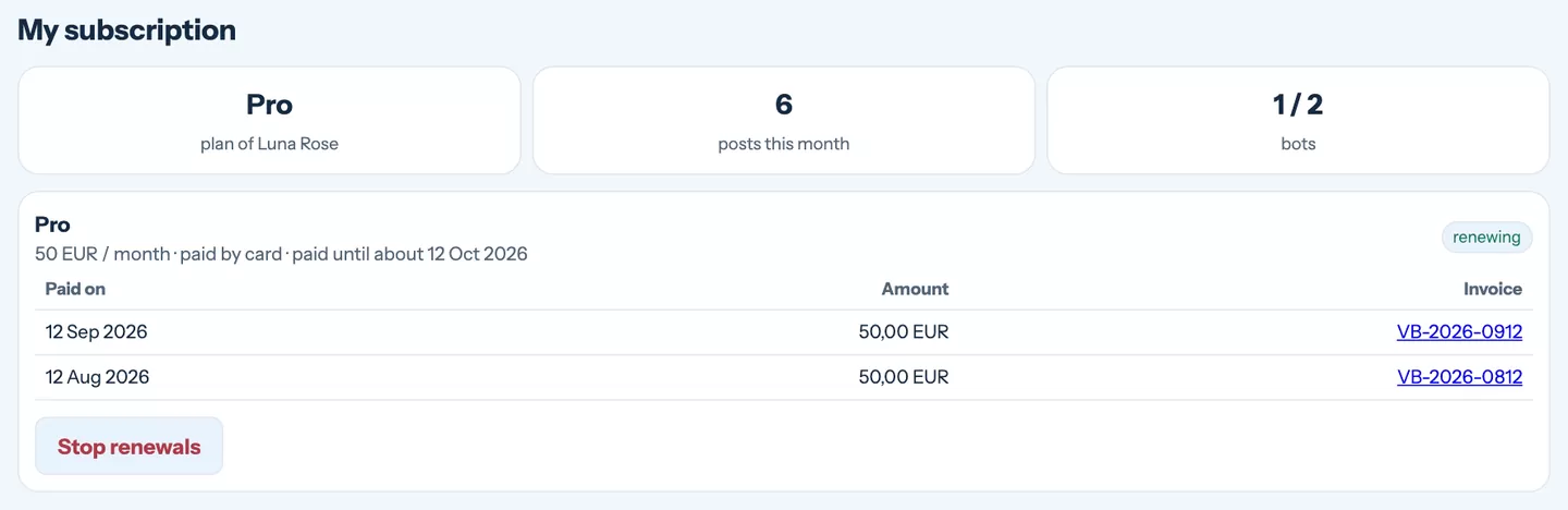 The My subscription page with the plan, usage and payments