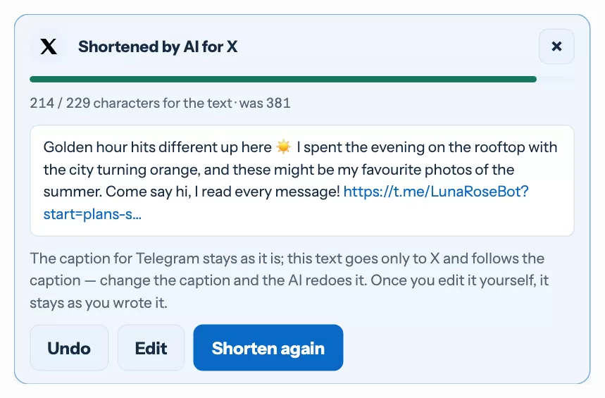 A card with the text shortened by AI for X, with its length and buttons