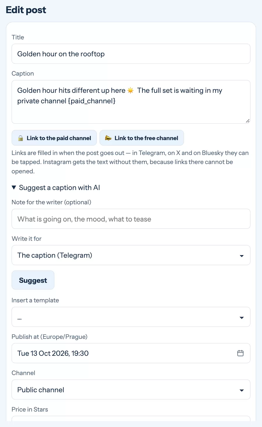 The post editor with title, caption, AI suggestions, time and channel