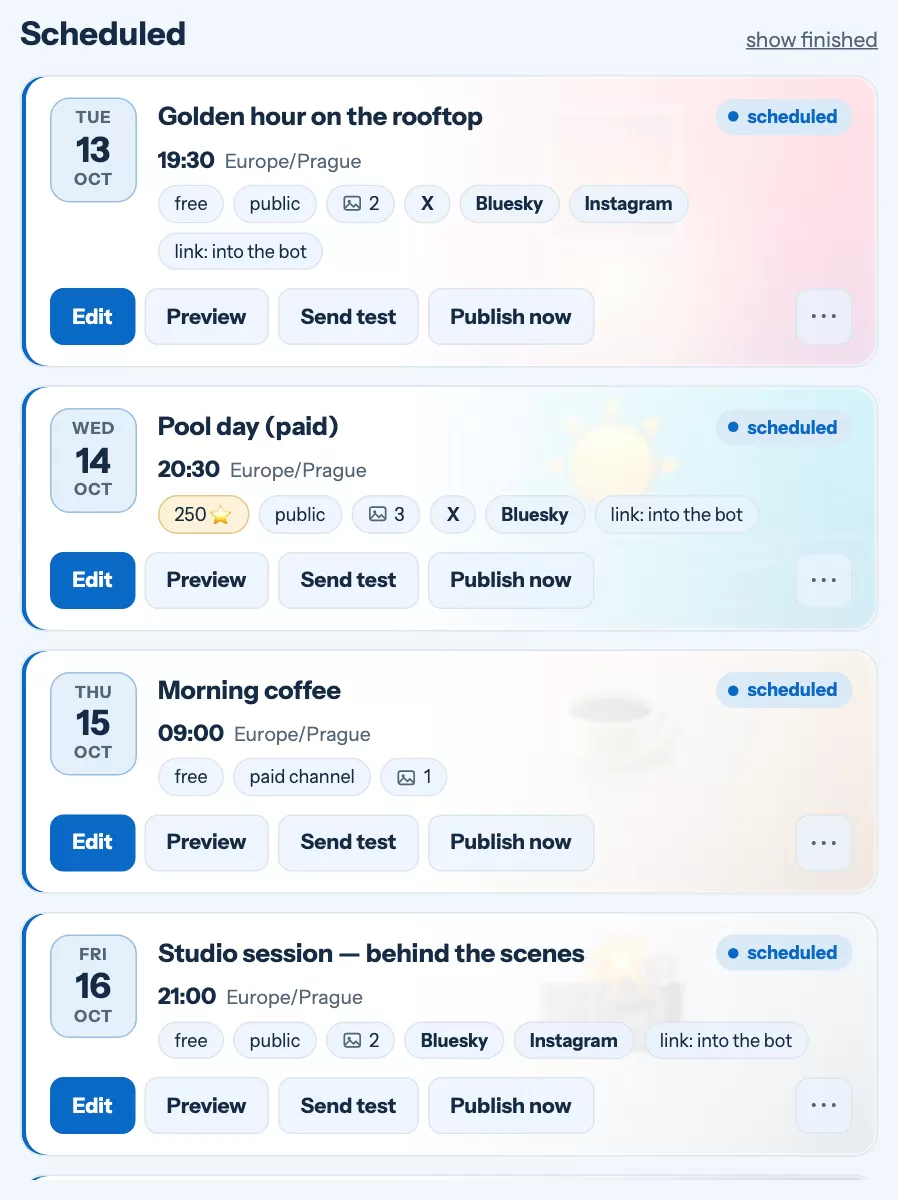 The list of scheduled posts as cards
