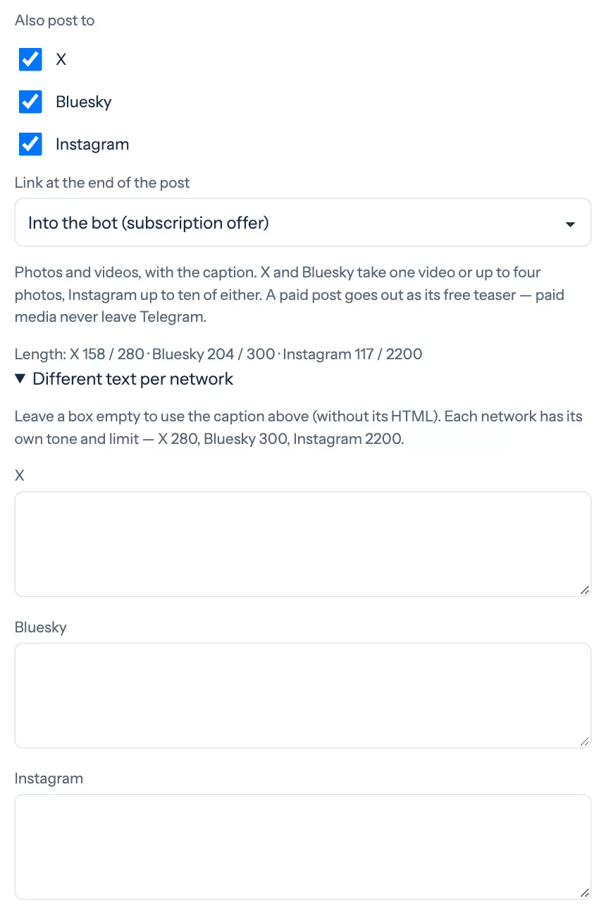 Network check boxes, link choice and the length line in the post editor