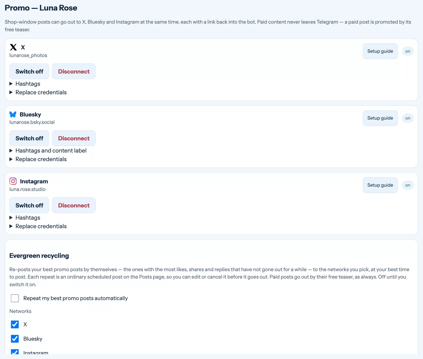 The Promo accounts page with boxes for X, Bluesky and Instagram