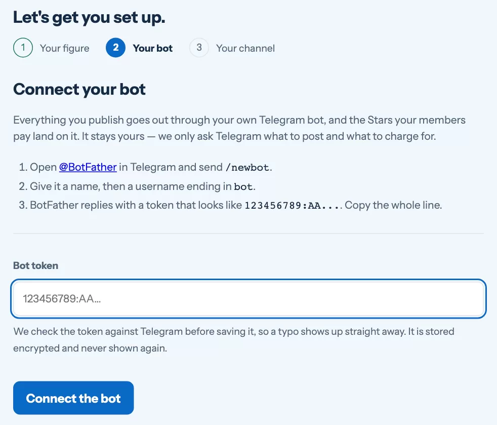 The second step of the setup wizard with the bot token field