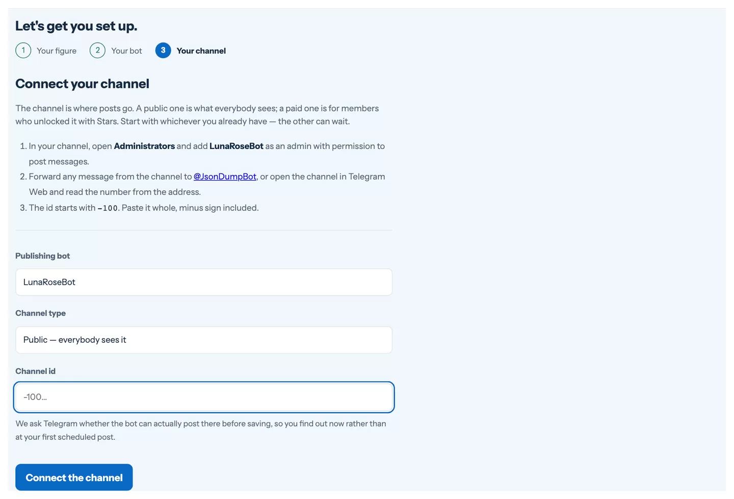 The third step of the setup wizard: choosing the bot, channel type and channel ID