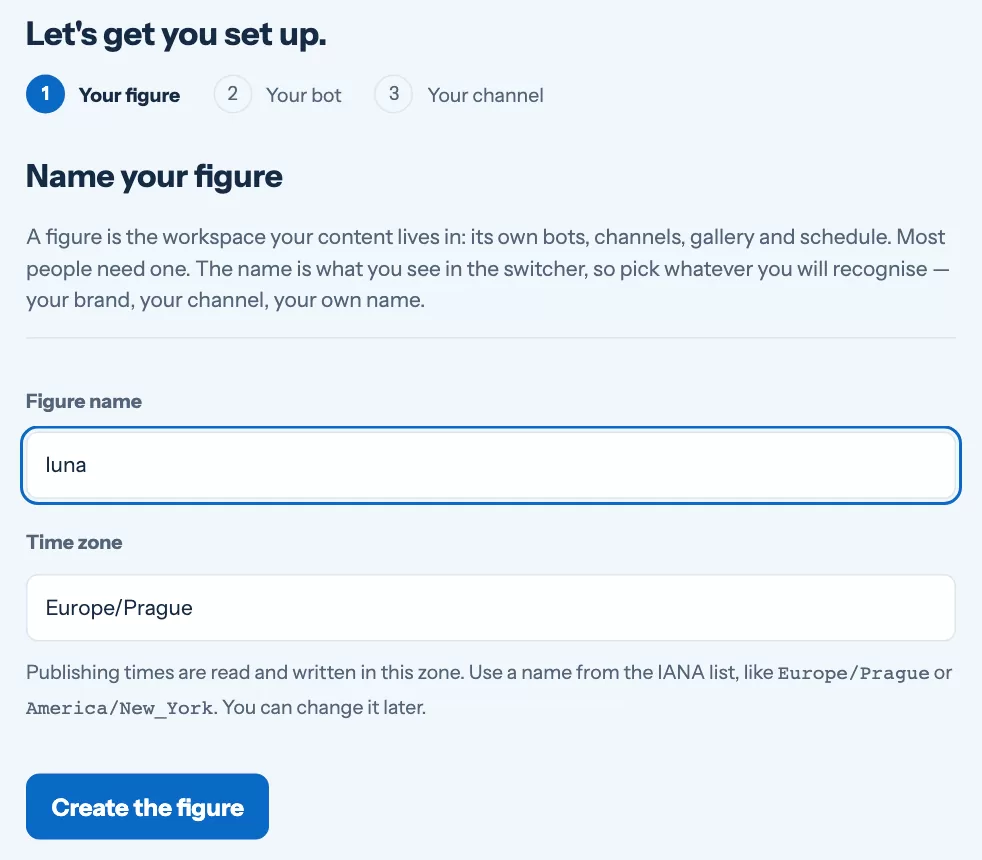 The first step of the setup wizard: figure name and time zone