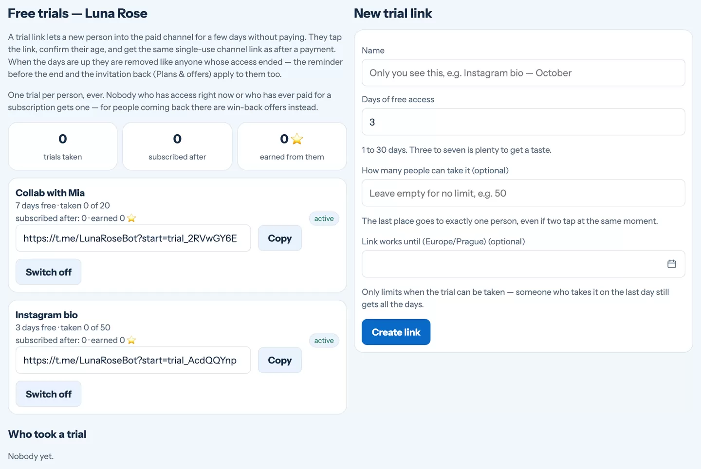Free trial links with days, limits and how many people paid afterwards