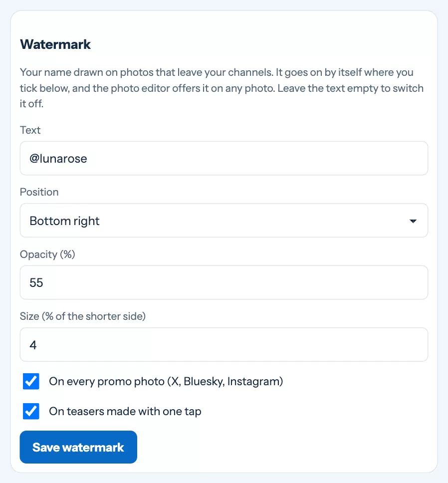 The watermark settings: text, position, opacity and size