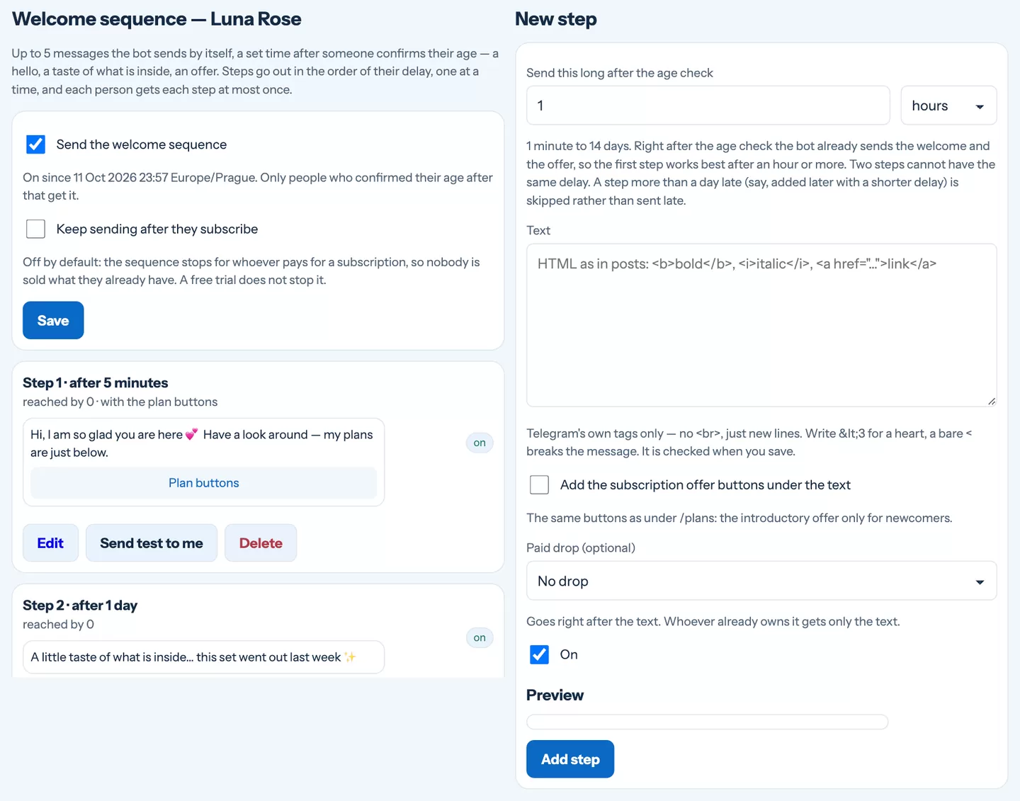 The welcome sequence with steps, delays and a preview