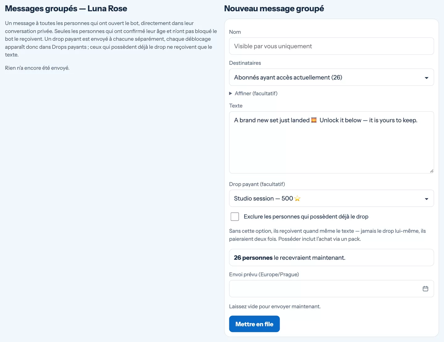 Un nouveau message groupé avec l’audience, les options pour affiner, le texte et un drop payant