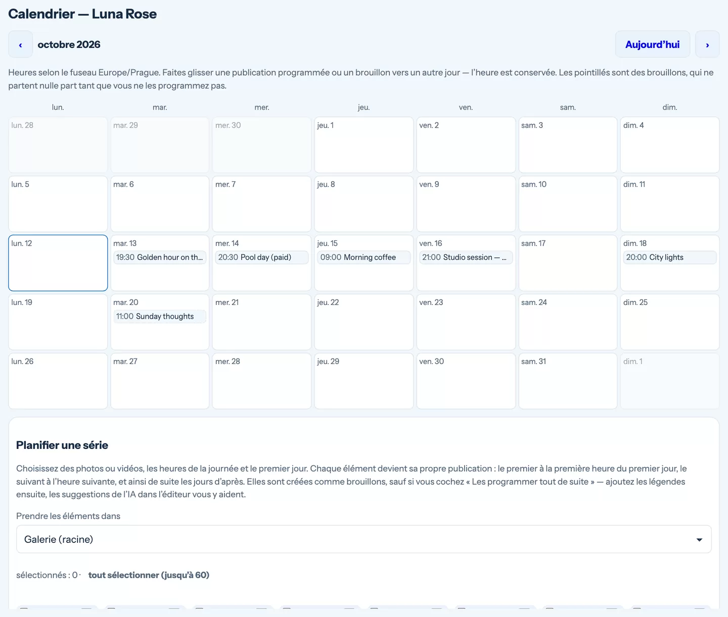 Le calendrier avec les publications réparties sur le mois