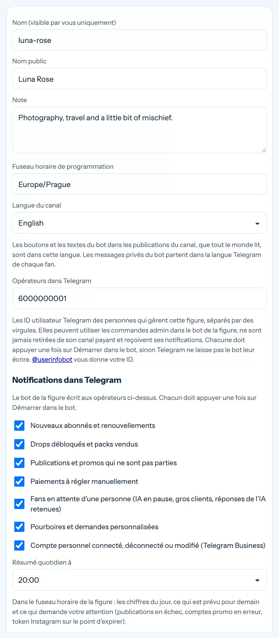 Les réglages de la figure avec les opérateurs, les notifications et le résumé quotidien