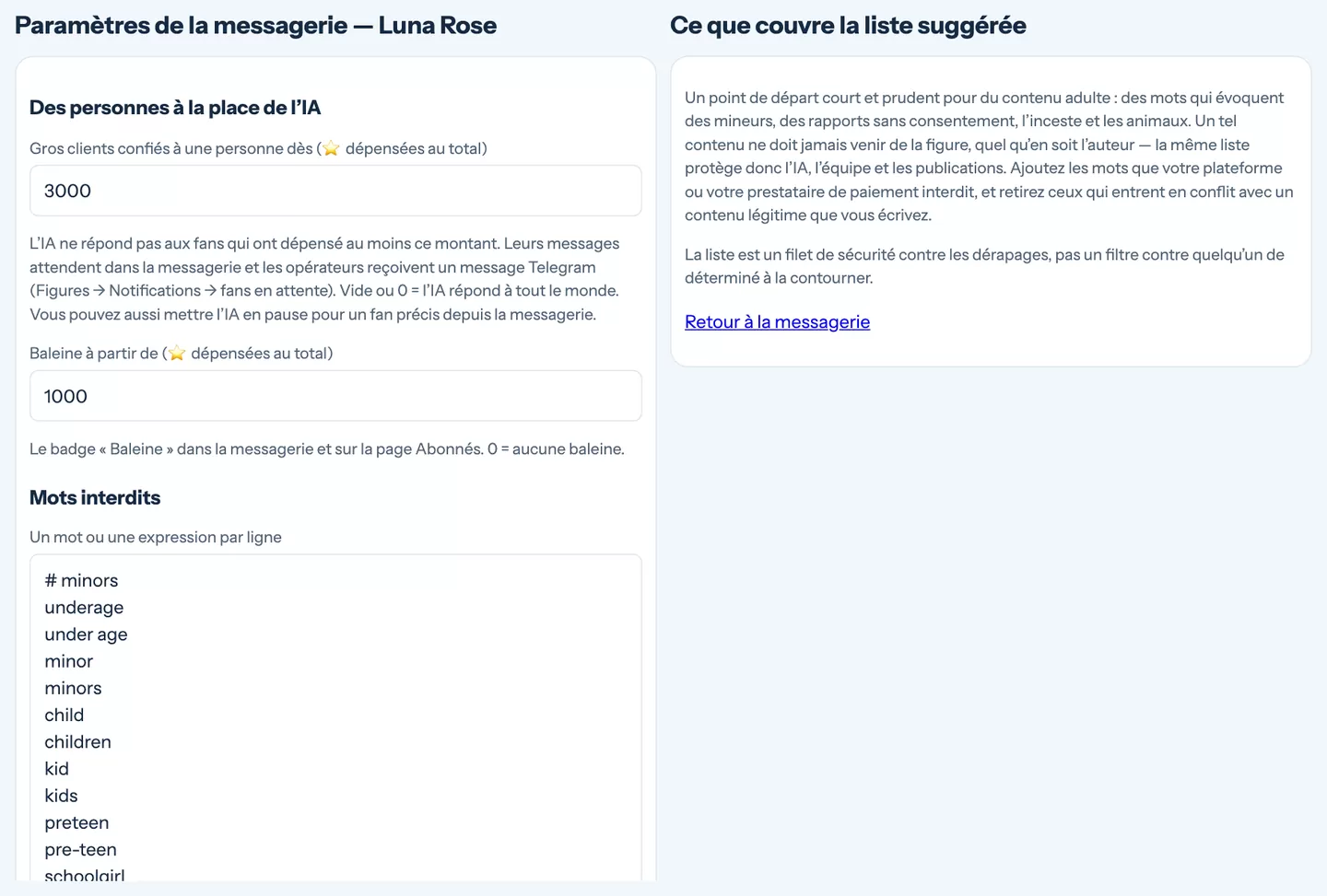 Paramètres de la messagerie : gros clients confiés à une personne, seuil Baleine et mots interdits
