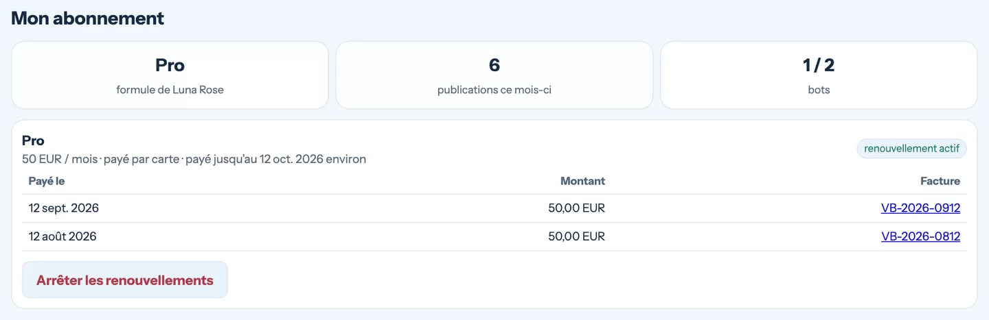 La page Mon abonnement avec la formule, l’utilisation et les paiements