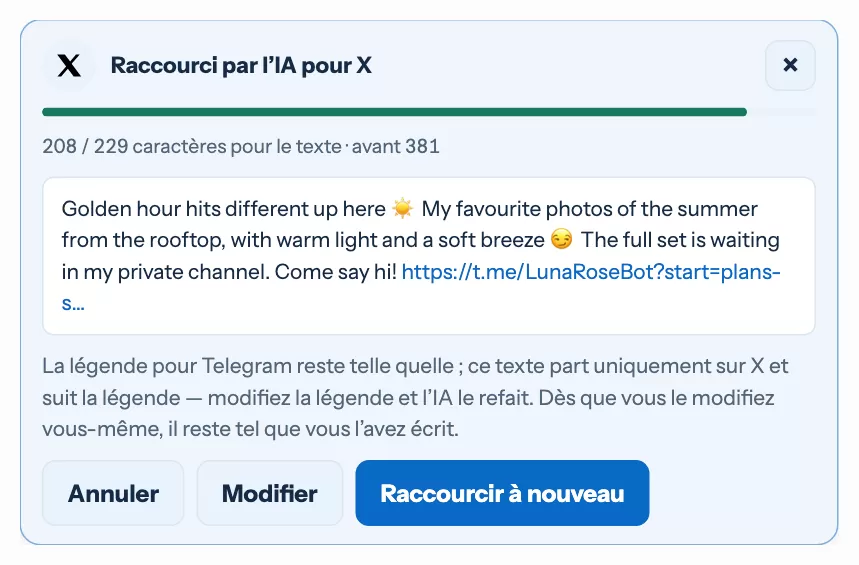 Une carte avec le texte raccourci par l’IA pour X, sa longueur et ses boutons