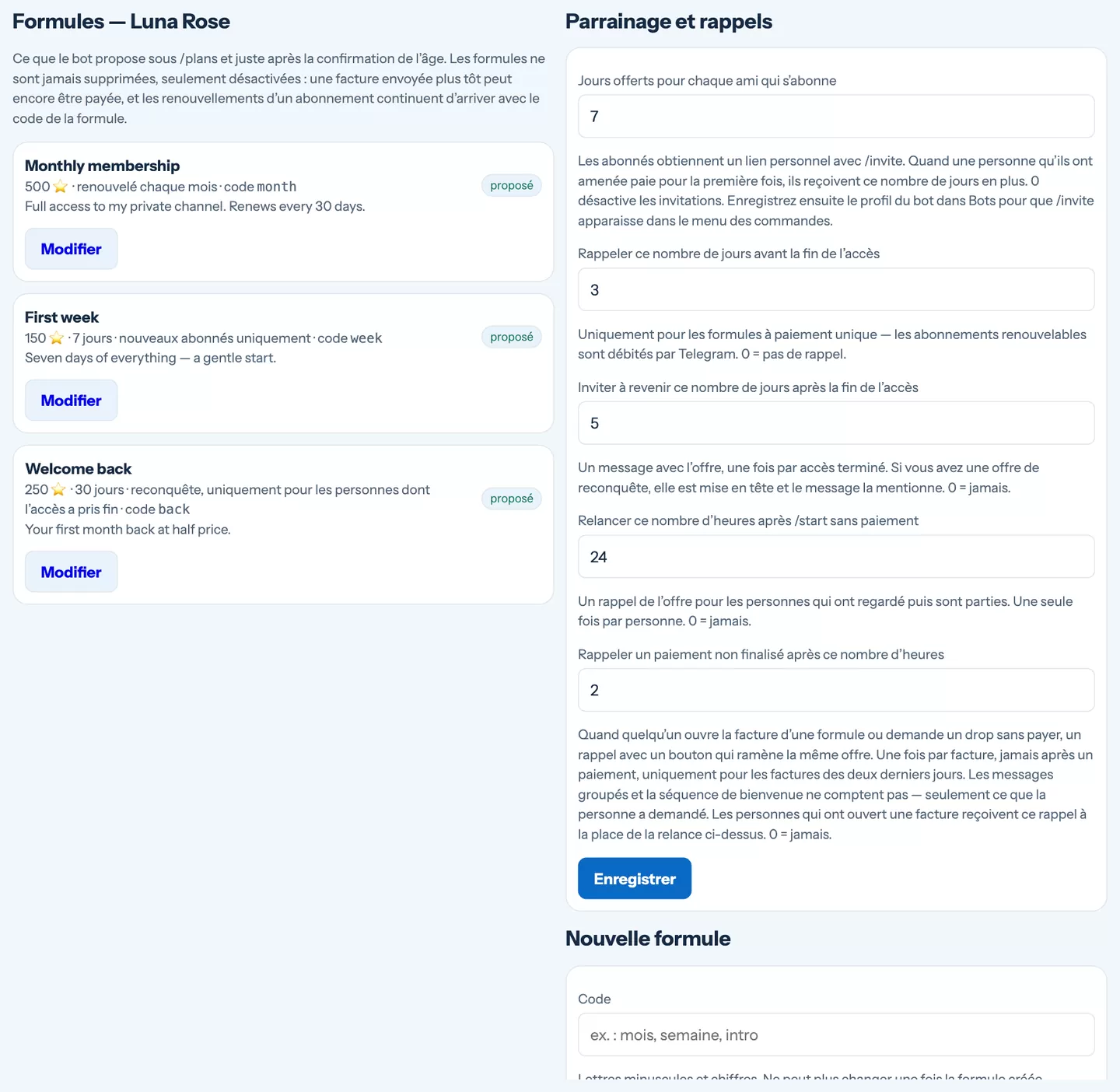 La page des formules avec les formules, les prix et le public auquel chacune est proposée