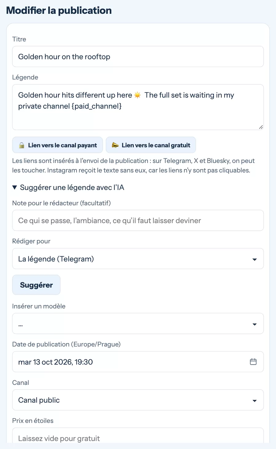 L’éditeur de publication avec le titre, la légende, les suggestions de l’IA, l’heure et le canal