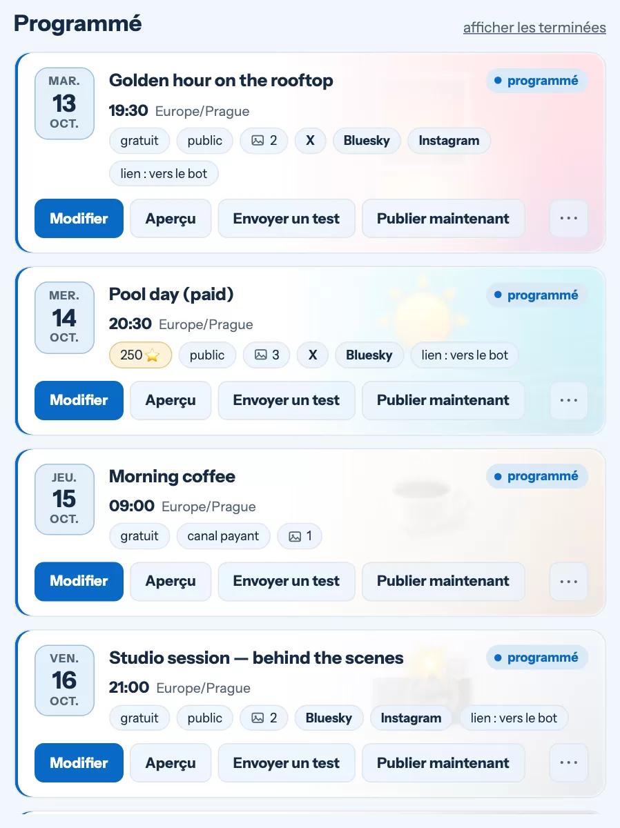 La liste des publications programmées sous forme de cartes