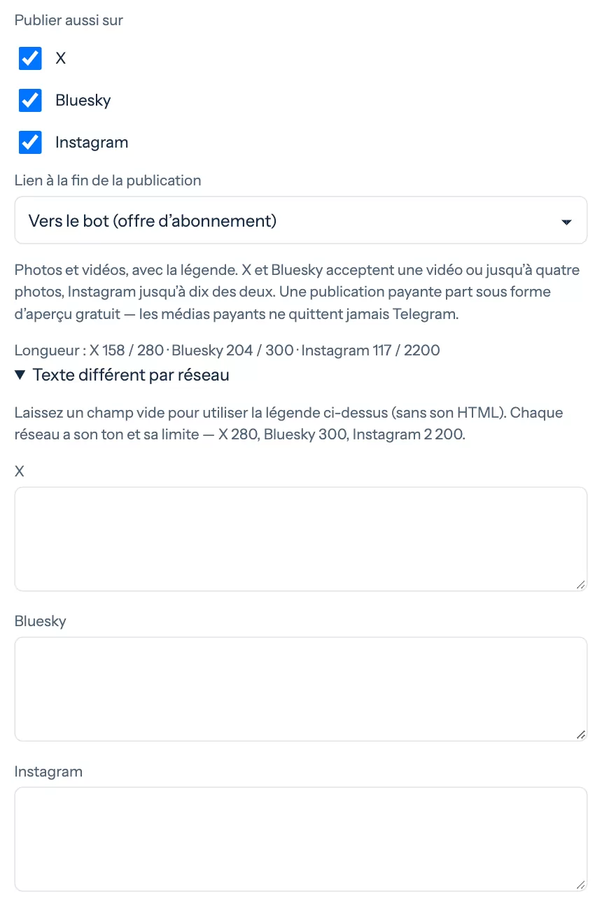 Les cases des réseaux, le choix du lien et la ligne de longueur dans l’éditeur de publication
