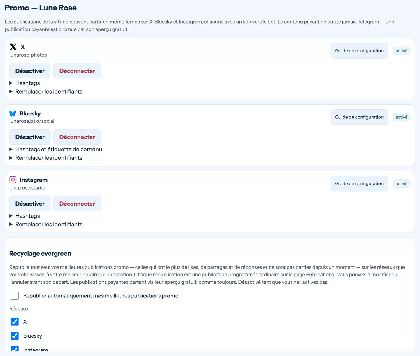 La page Comptes promo avec les encadrés pour X, Bluesky et Instagram