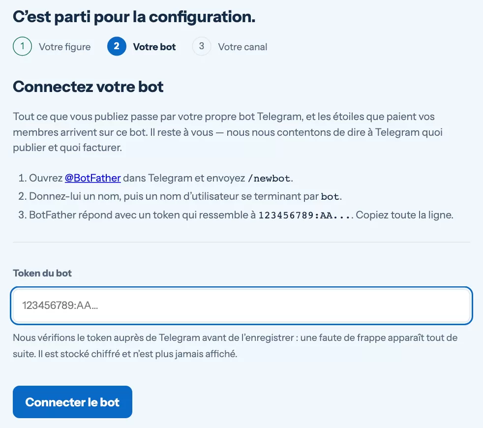 La deuxième étape de l’assistant de configuration avec le champ du token du bot