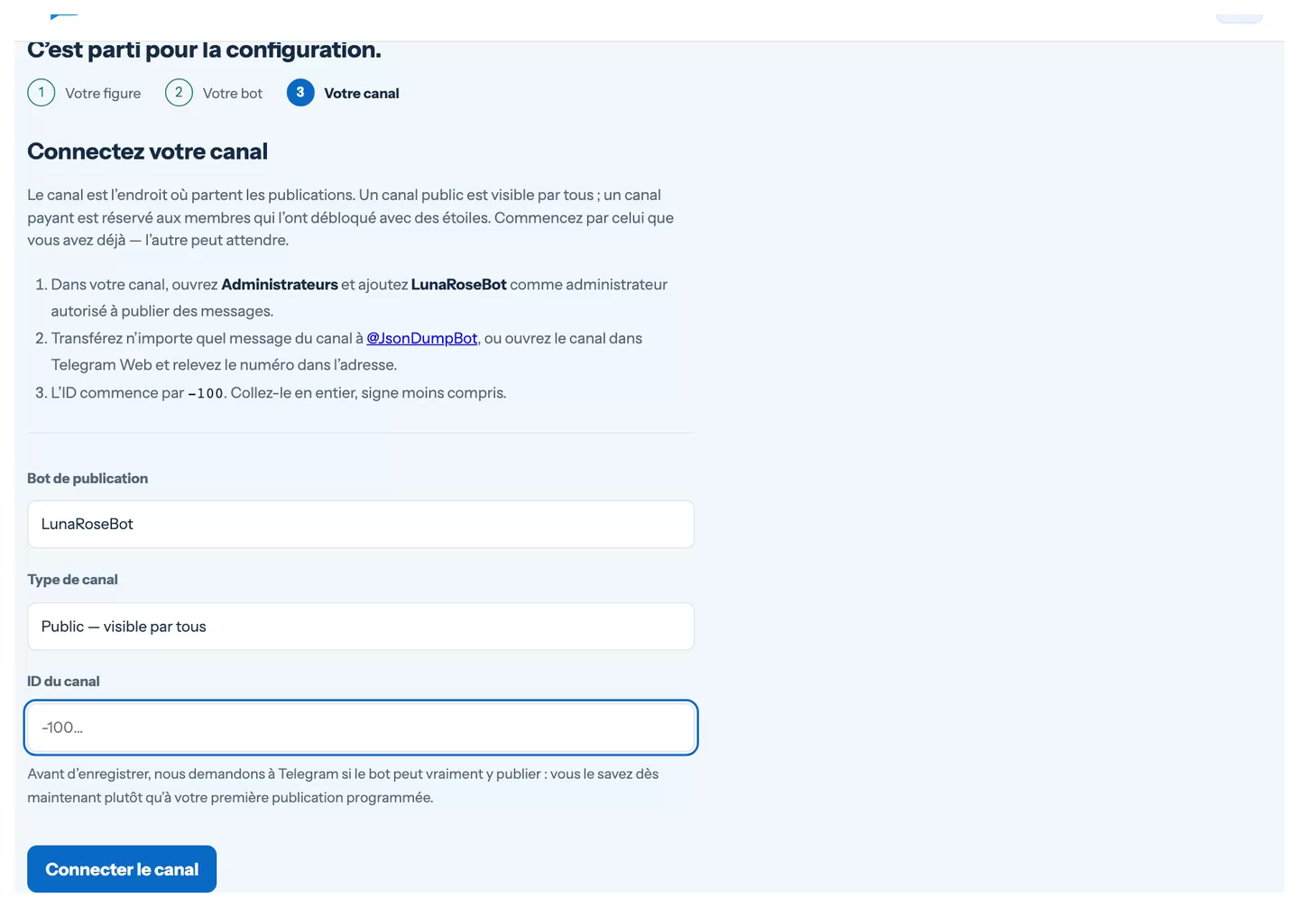 La troisième étape de l’assistant de configuration : choix du bot, du type de canal et de l’ID du canal
