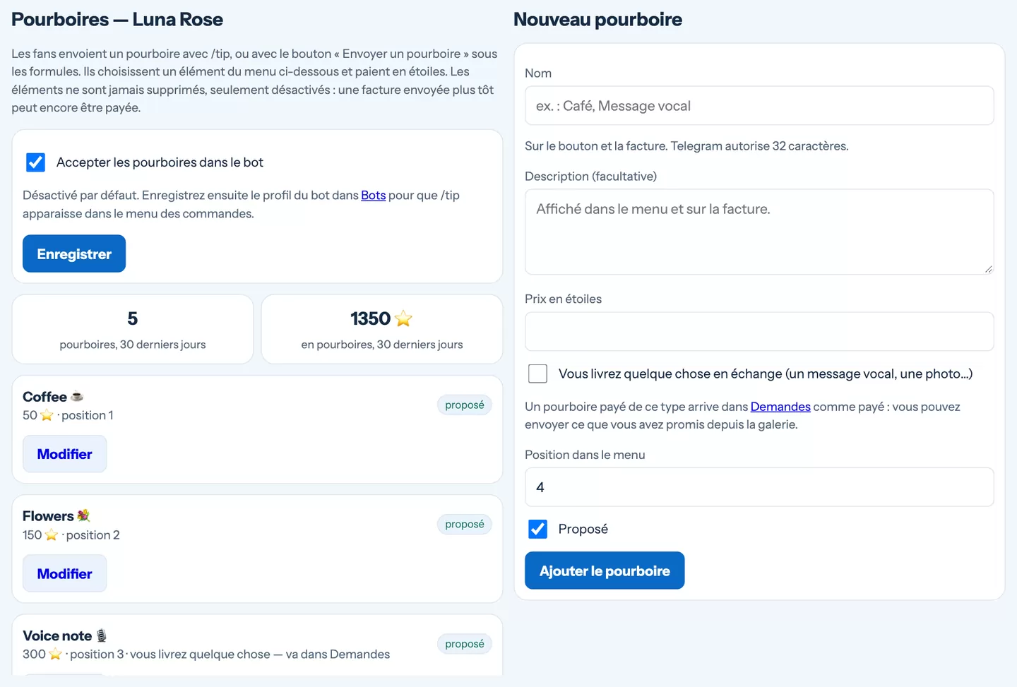 Le menu de pourboires avec les éléments, les prix et les pourboires récents